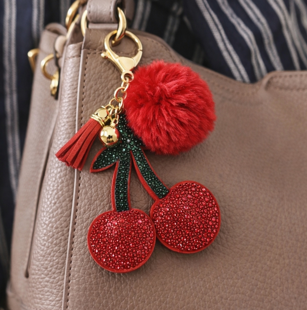 Cherry Rhinestone Bag Charm Keychain 🍒 Red Pom Pom Tassel